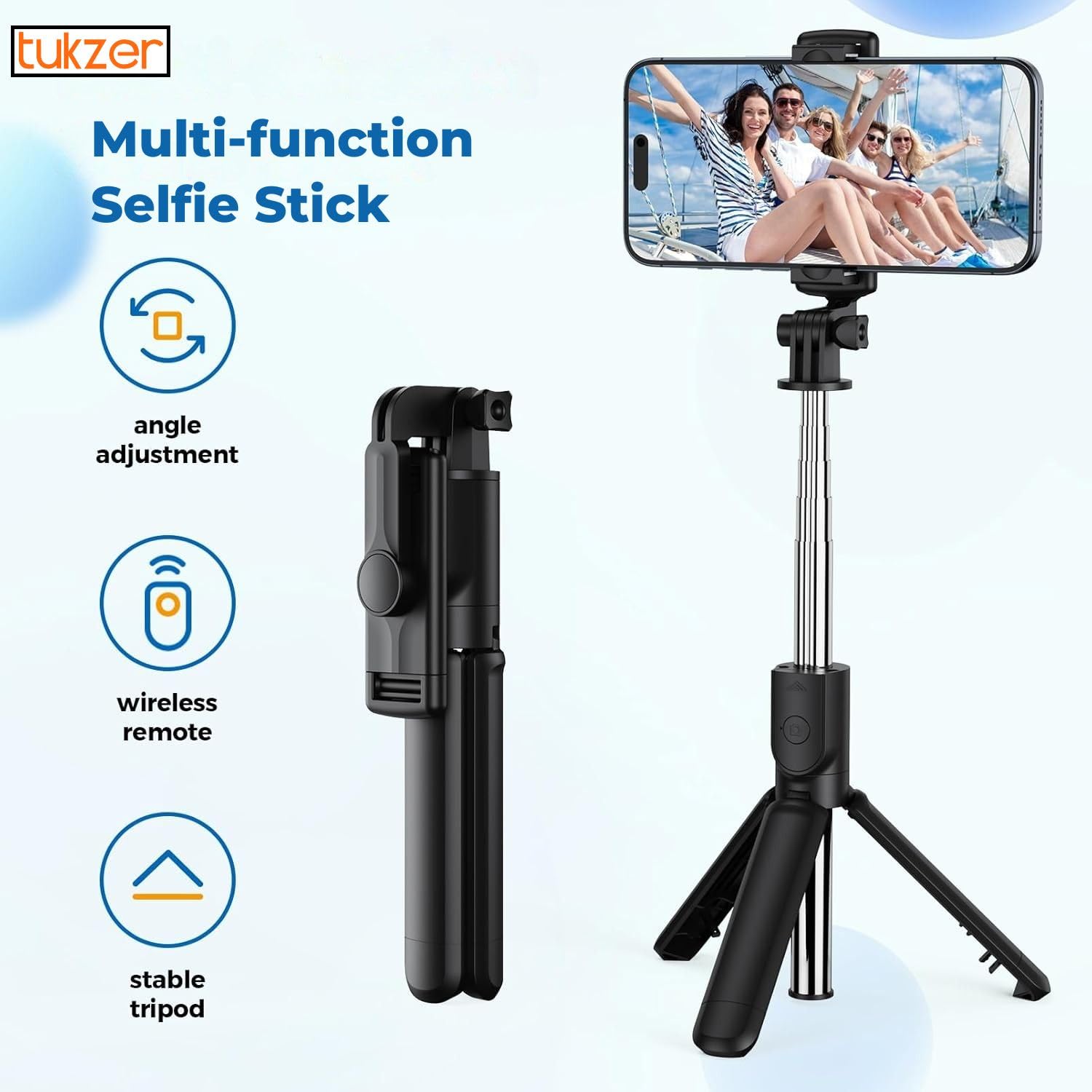 Tukzer 3-in-1 Multifunctional Bluetooth Selfie Sticks Extendable Tripod Stand with Removable Wireless Remote, Compatible with Samsung, iPhone, Vivo, Oppo, OnePlus & All Smartphones Devices (SS-01)