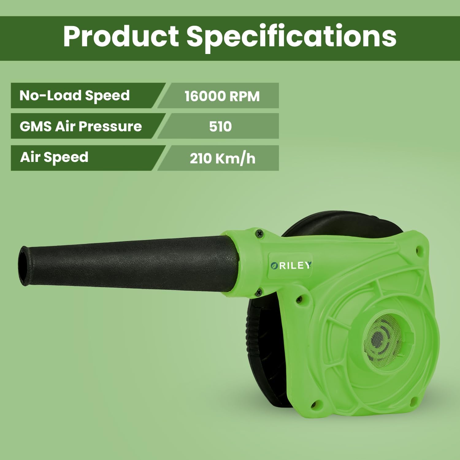 ORILEY 500W Electric Air Blower Garden Leaf Dust Cleaner 13000 RPM Suction 400GMS Airfoil Dirt Cleaning 170km/h Airflow with Unbreakable Body & Glossy Finish for Snow (Green)