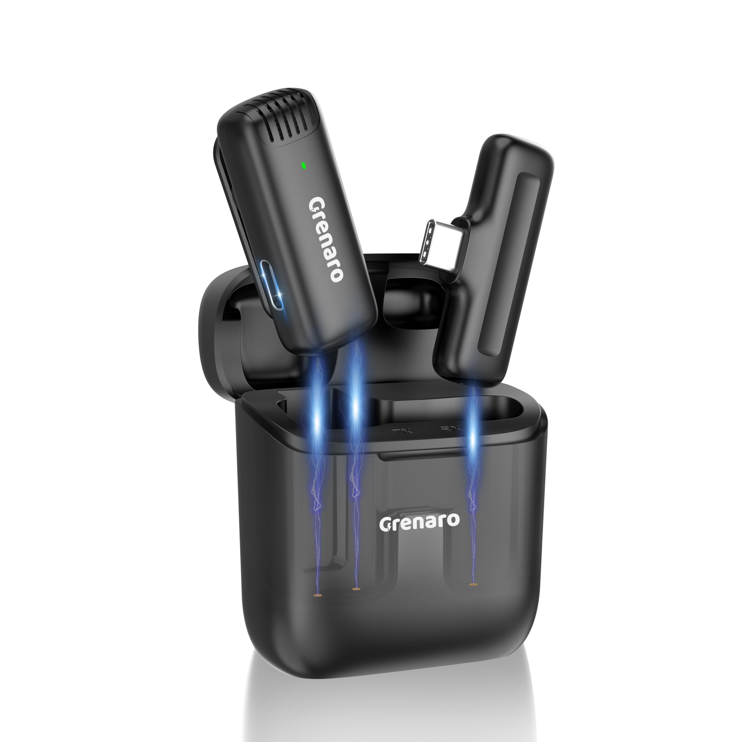 GRENARO J13 Wireless Mic, Noise Reduction Lapel Mic with Charging Case, Wireless Mic for Video Recording, YouTube, Facebook, Support System for Type C & iPhone (Dual Channel Universal Version)