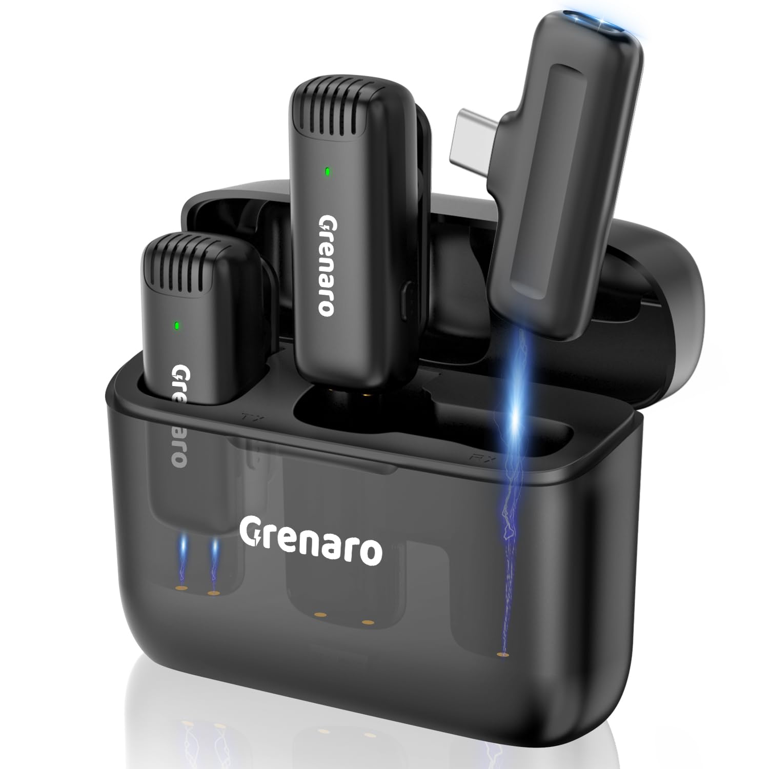 GRENARO J13 Wireless Mic, Noise Reduction Lapel Mic with Charging Case, Wireless Mic for Video Recording, YouTube, Facebook, Support System for Type C & iPhone (Dual Channel Universal Version)