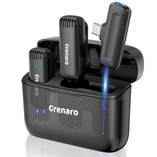 GRENARO J13 Wireless Mic, Noise Reduction Lapel Mic with Charging Case, Wireless Mic for Video Recording, YouTube, Facebook, Support System for Type C & iPhone (Dual Channel Universal Version)