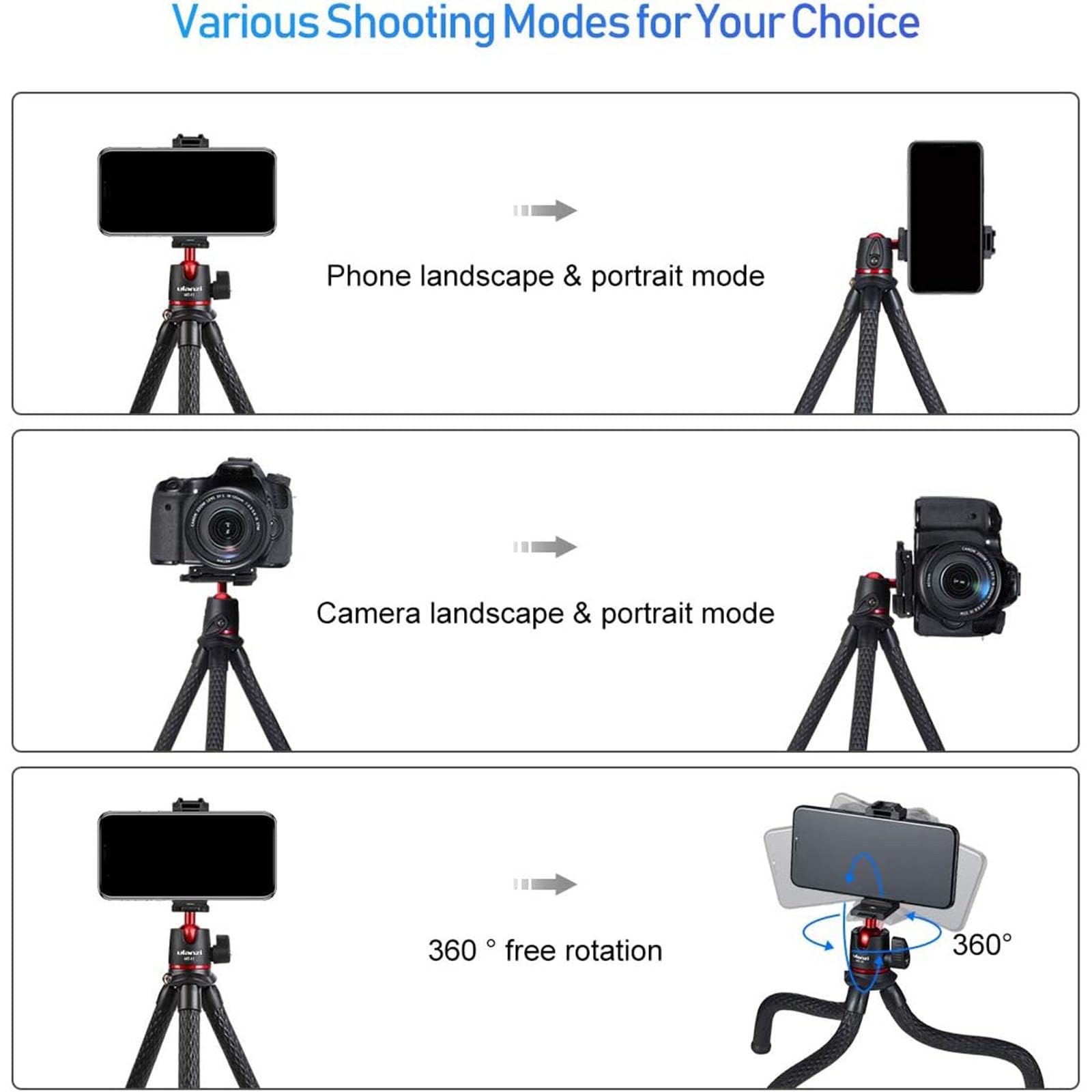 ULANZI Camera Tripod, Mini Flexible Tripod Stand with Hidden Phone Holder w Cold Shoe Mount, 1/4'' Screw for Magic Arm, Universal for iPhone 11 Pro Max XS Max X 8 7 Samsung Canon Nikon Sony Cameras