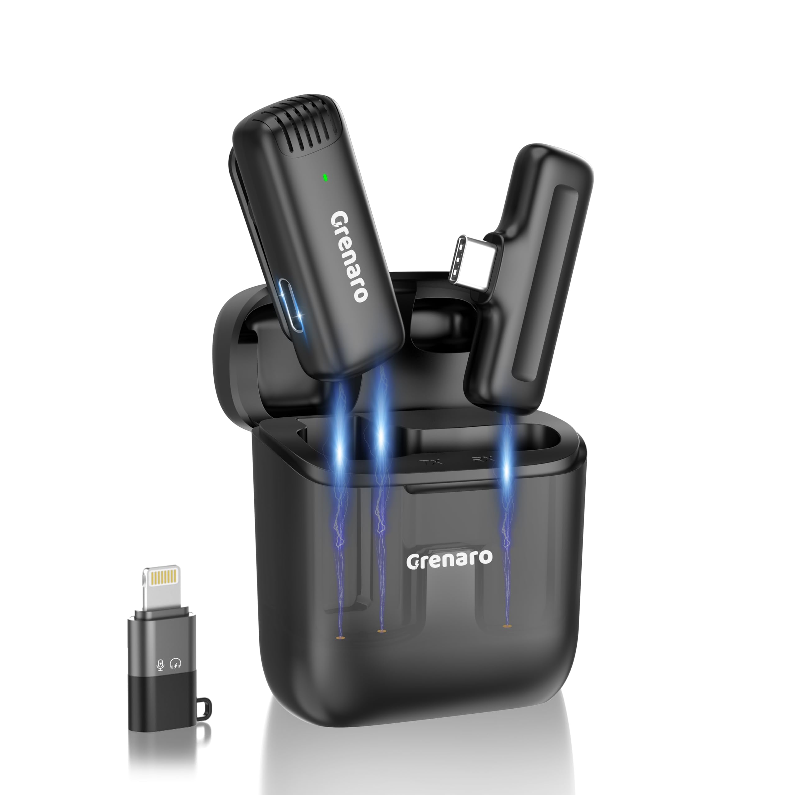 GRENARO J13 Wireless Mic, Noise Reduction Lapel Mic with Charging Case, Wireless Mic for Video Recording, YouTube, Facebook, Support System for Type C & iPhone (Dual Channel Universal Version)