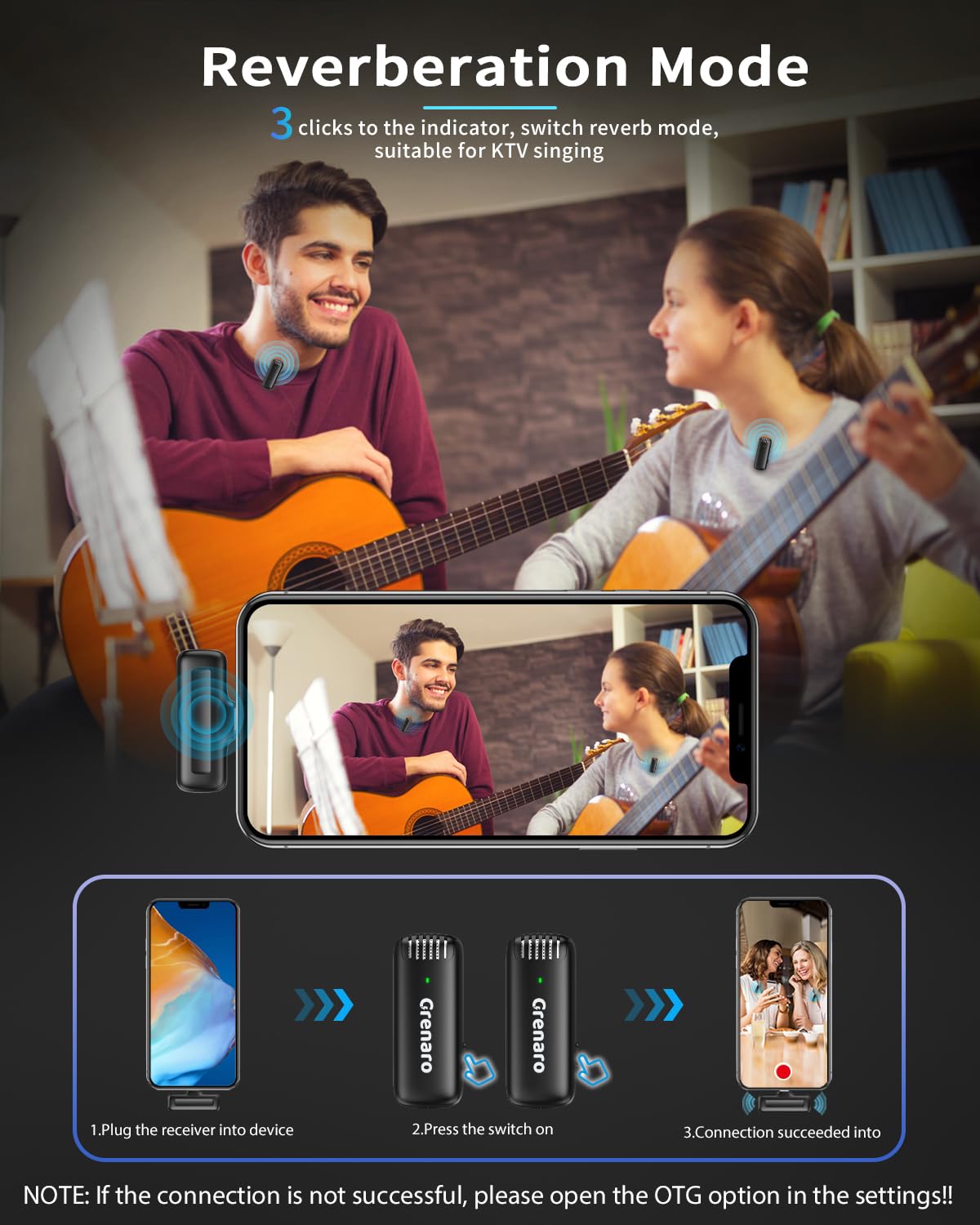 GRENARO J13 Wireless Mic, Noise Reduction Lapel Mic with Charging Case, Wireless Mic for Video Recording, YouTube, Facebook, Support System for Type C & iPhone (Dual Channel Universal Version)